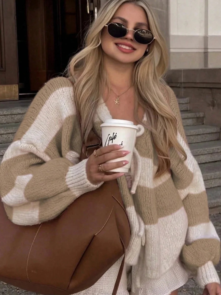 Women's Striped Knitted Sweater Causal V‑Neck Lace‑Up Bow Long Sleeve Loose Soft Warm Cardigan Fashion Autumn WInter Streetwear