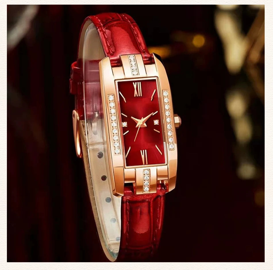 Womens Watches Fashion Square Ladies Quartz Watch Bracelet Set Green Dial Simple Leather Luxury Women Watches
