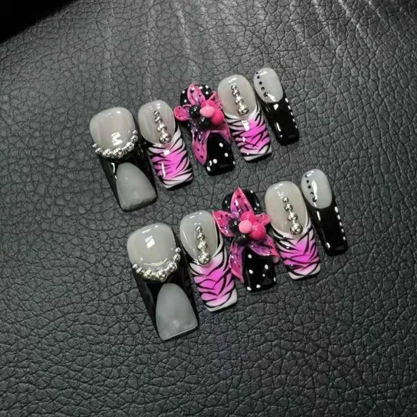 10Pcs/set Metallic Dark Handmade Press on Nail Set French Cool Hot Girl Fake Nails Coffin Full Cover Manicure Wearable Nail Tips