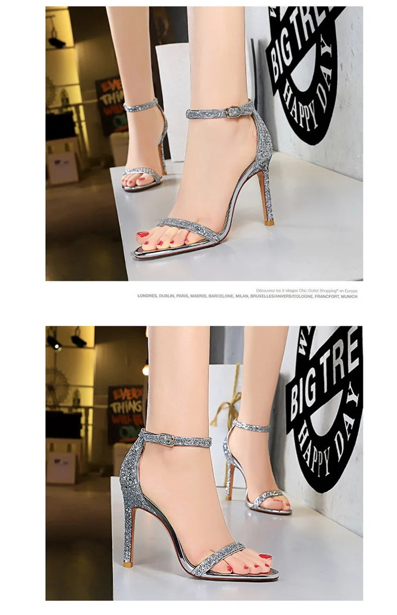 2024 New Women Classic High Heels Hollow Sandals Sparkling Sequins Stiletto Female Summer Pumps Gentle One Word Belt 829-3