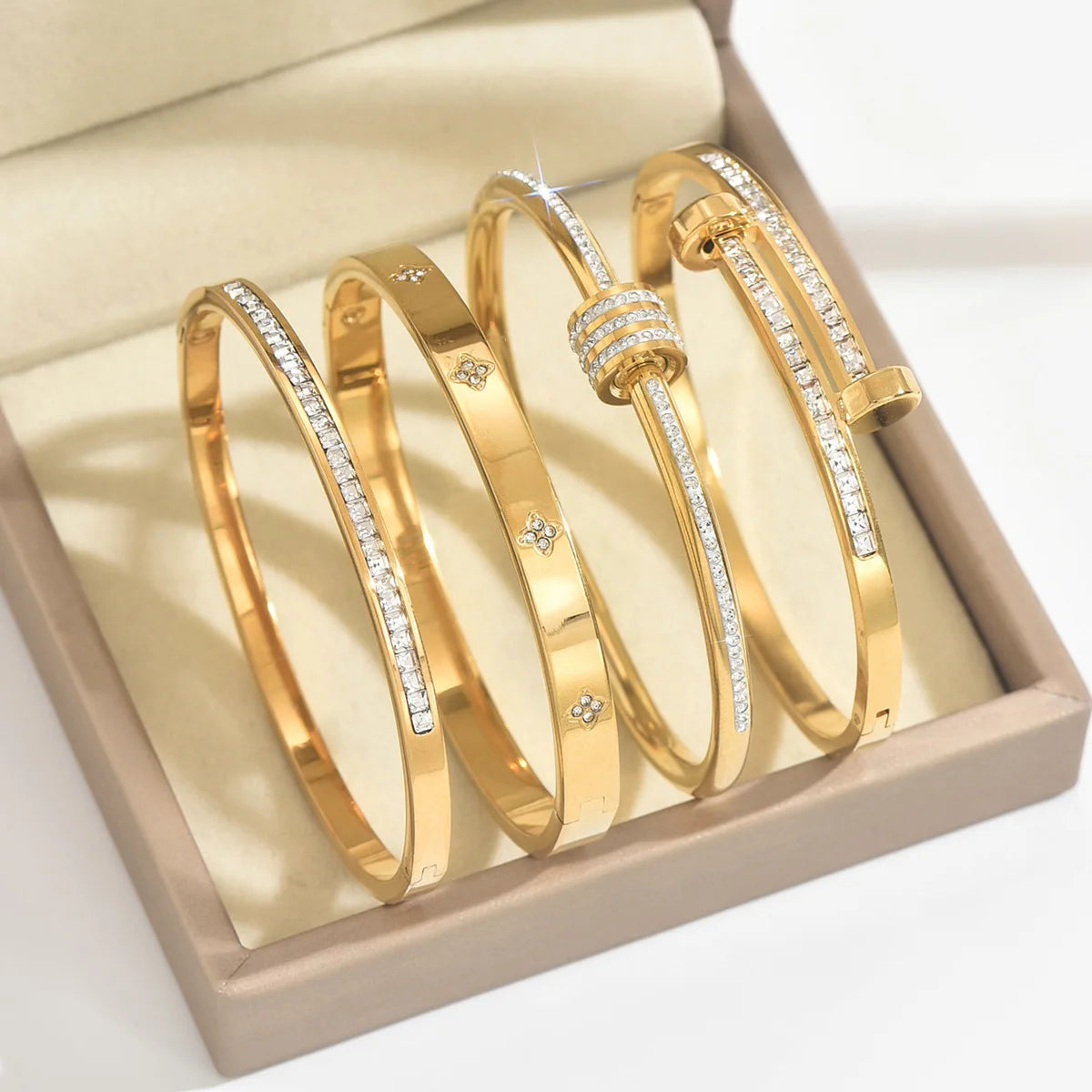 Titanium Steel Stacked Bracelet Couple's Shiny Zircon Inlaid Stainless Steel Bangles Gold Color Female Jewelry Gift