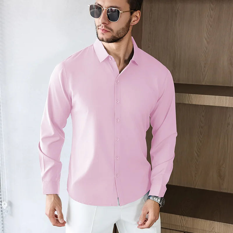 New Men's Business Casual Long Sleeved Solid Color Shirt Wrinkle Resistant Wrinkle Free Comfortable All Season Versatile Top