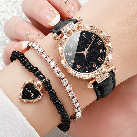 3PCS/Set Fashion Rhinestone Women's Watch Casual Leather Band Analog Quartz Watches Bracelets Set