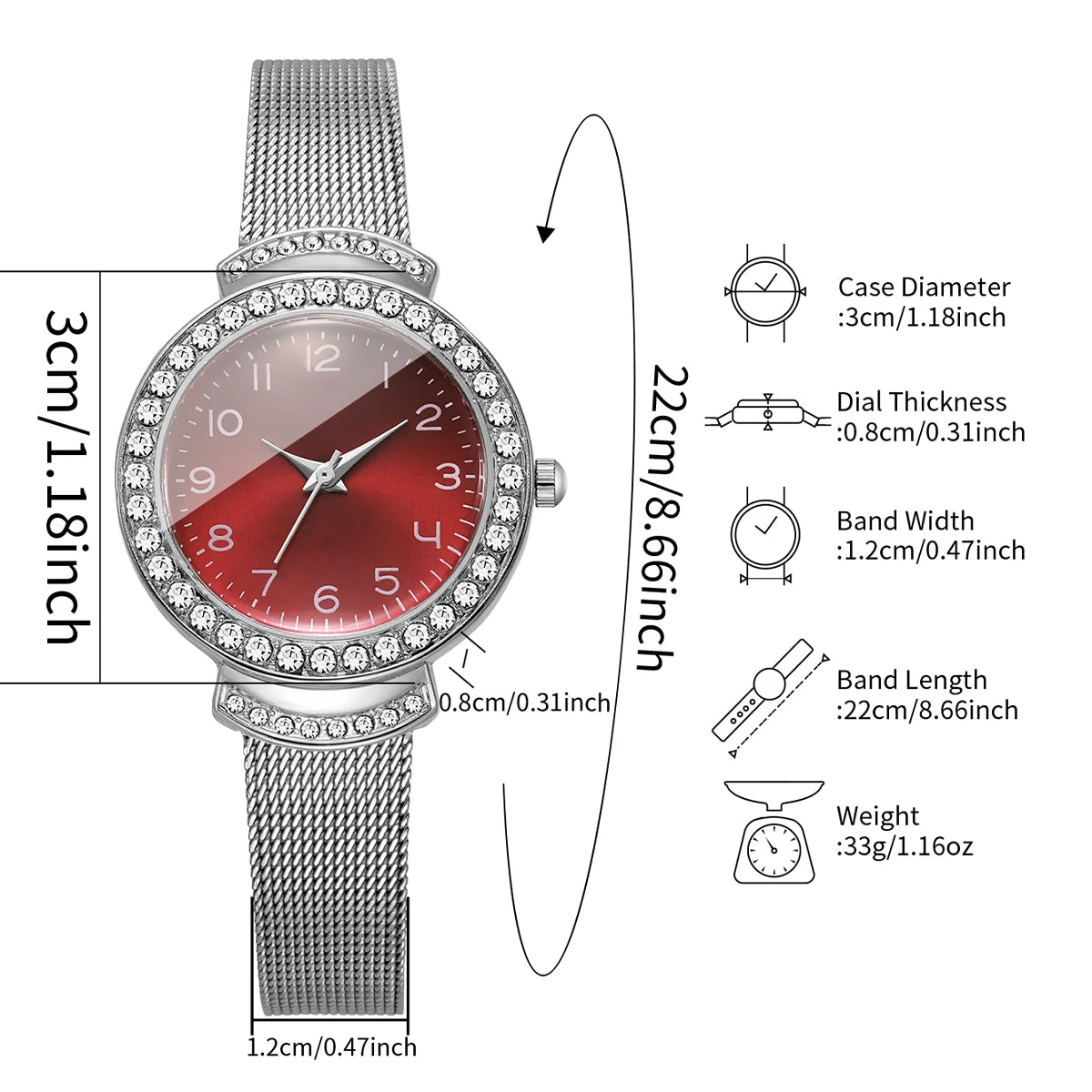 Fashion Rhinestone Red Dial Women Quartz Watch Silvery Mesh Strap Ladies Dress Wristwatches Clock Relogio Feminino(Without Box)
