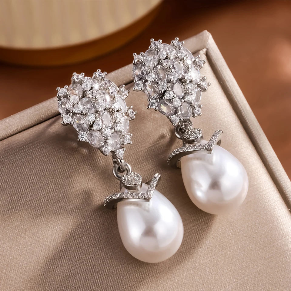 ZAKOL Luxury Big Teardrop Pearl Drop Earrings for Women Elegant Flower Shiny Zircon Wedding Party Jewelry Gift