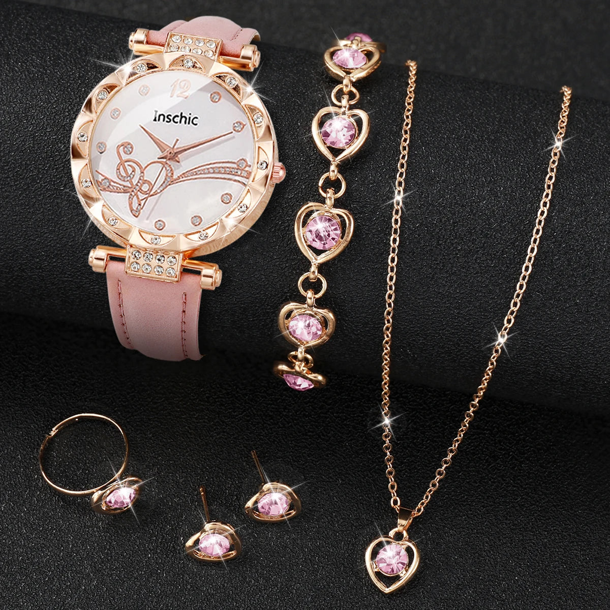 6PCS/Set Fashion Rhinestone Women's Watch Leather Band Analog Quartz Watches Rhinestone Heart Jewelry Set(Without Box)