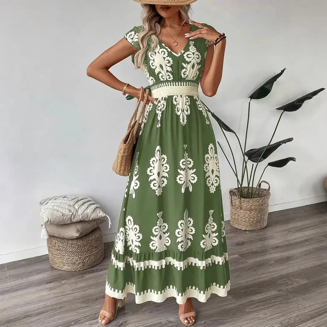 Women's Holiday Wind Beach Print Dress Summer Fashion High Waist Slim Body Casual V Neck Swing Elegant Ladies Office Long Dress