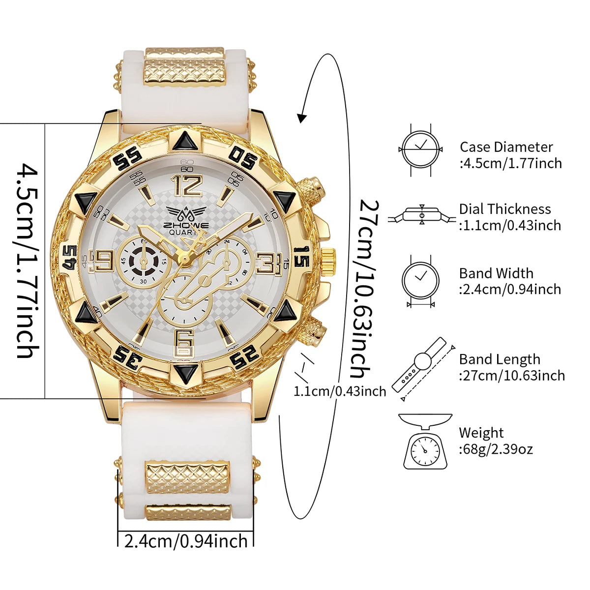 Fashion Gold Case Men Sports Quartz Watch White Silicone Strap Casual Male Dress Wristwatches Relogio Masculino(Without Box)