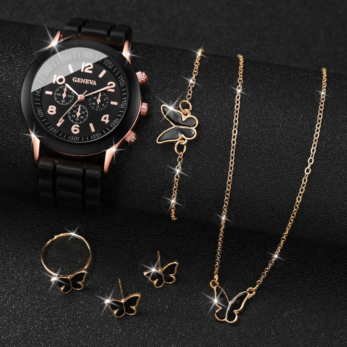 5/6PCS Women's Watch Casual Silicone Band Quartz Watches Butterfly Jewelry Set(Without Box)