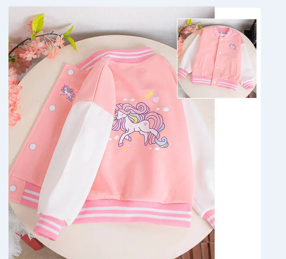 3-12 Years Girls Baseball Coat Spring Autumn Cute Cartoon Unicorn Outerwear Fashion Teenage Girl Sport Jacket Kids Clothes