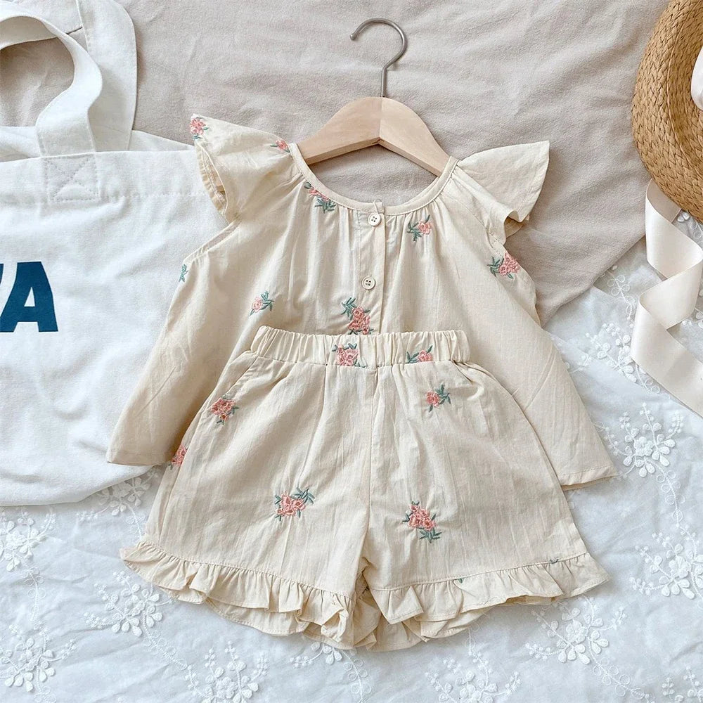 Girls' Summer Fashion Set Children's Flower Print Flying Sleeve Top+Shorts Two Piece Cute Little Girl Refreshing Set