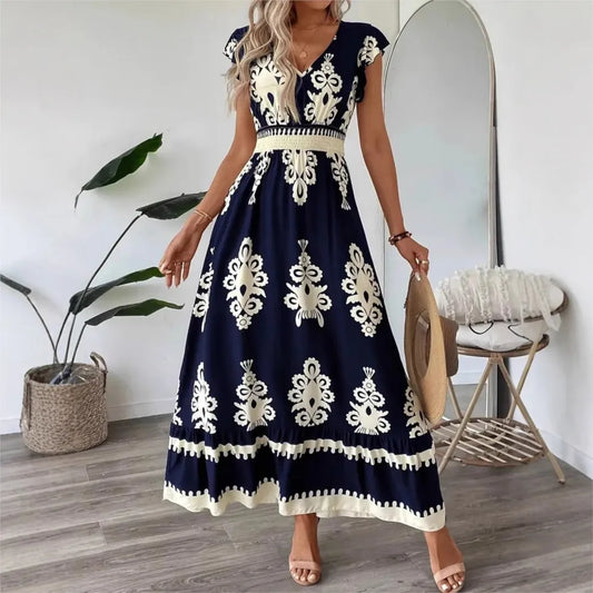 Women's Holiday Wind Beach Print Dress Summer Fashion High Waist Slim Body Casual V Neck Swing Elegant Ladies Office Long Dress