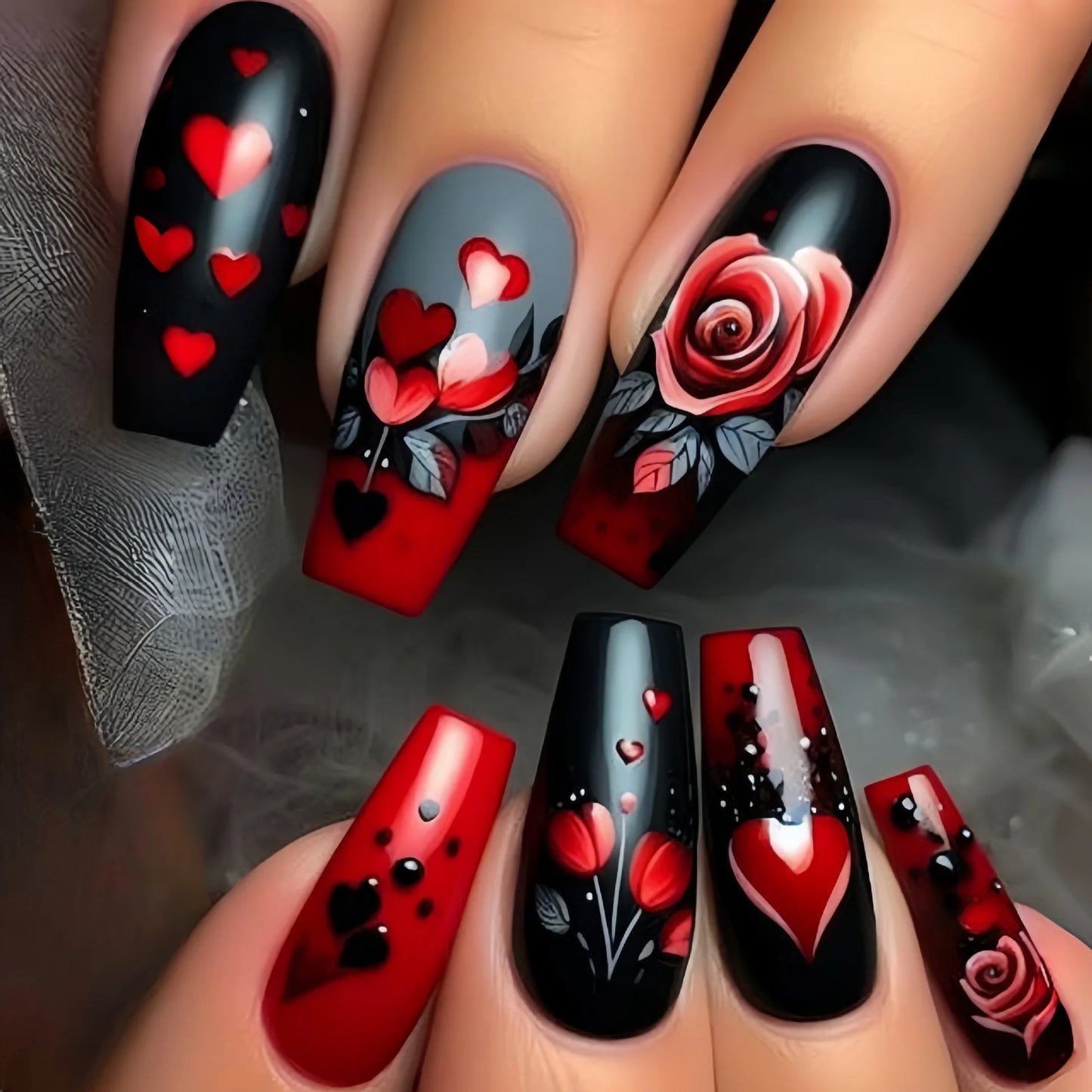 24pcs Press on Nails Fashion Blue French Tips with Flower Design Fake Nail Long Ballet Coffin False Nails Wearable Manicure Sets