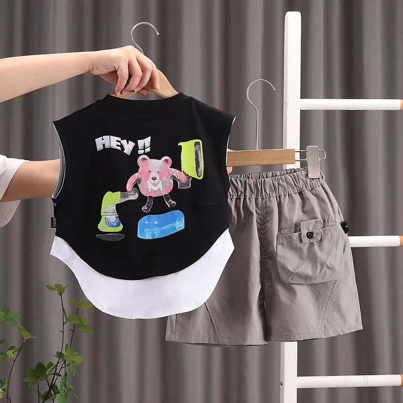 Summer Cartoon Print Baby Boys Girls Cotton Sport Letter Vest Shorts
