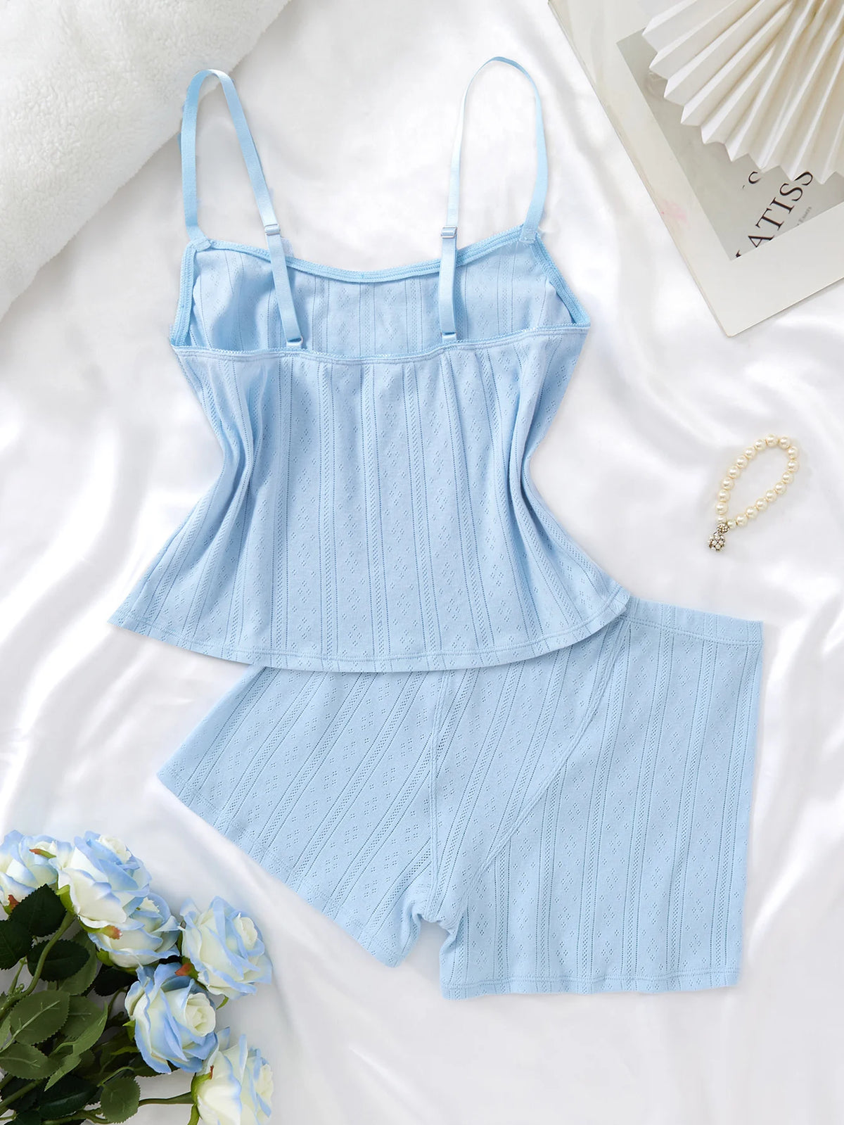 Ladies 2-Piece Sleepwear Set Short Tank Top And Shorts SML in Soft Breathable Blue Casual Home Clothes
