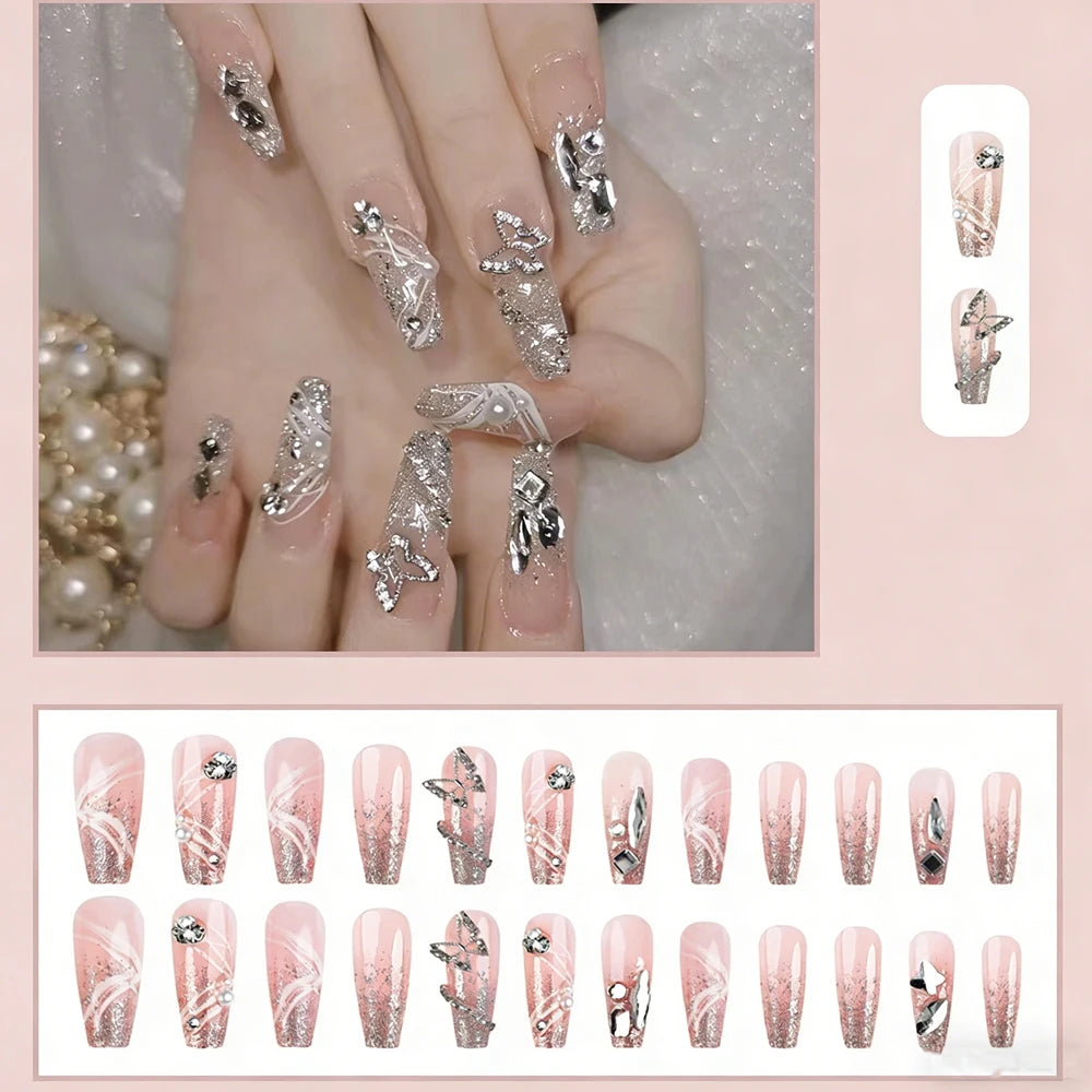 24Pcs Long Coffin Glitter False Nails Silver Butterfly Rhinestones Charm Design Wearable Press on Nails Full Cover Fake Nails