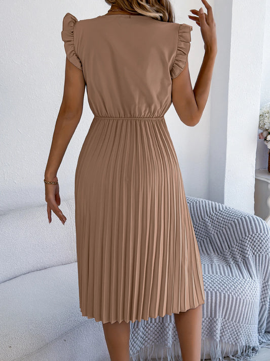 Spring Summer Casual V Neck Dress Flying Sleeve Lace Patchwork Big Swing Pleated Dresses Women Fashion Maxi Dress Khaki Green