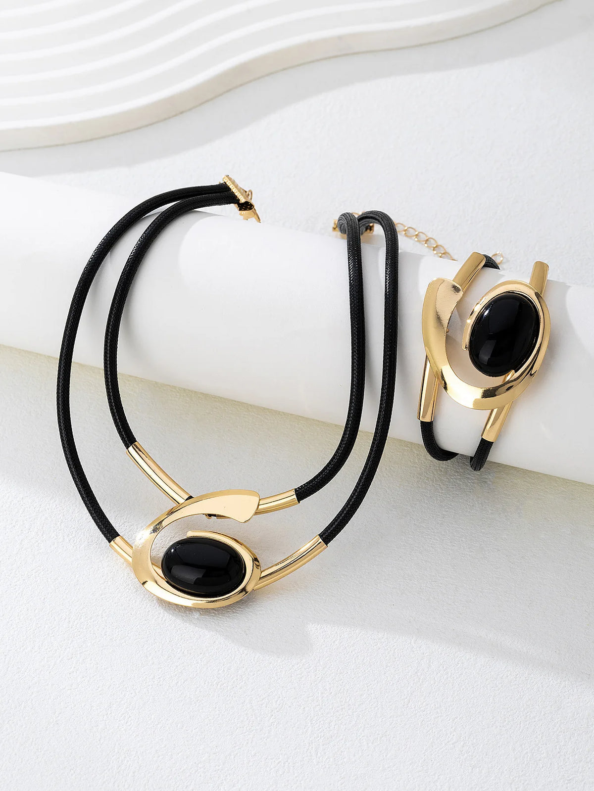 Oval Geometric Double-layer Bracelet Necklace Set For Women Girls Versatile Personality Fashion Jewelry Holiday Party Gift DS053