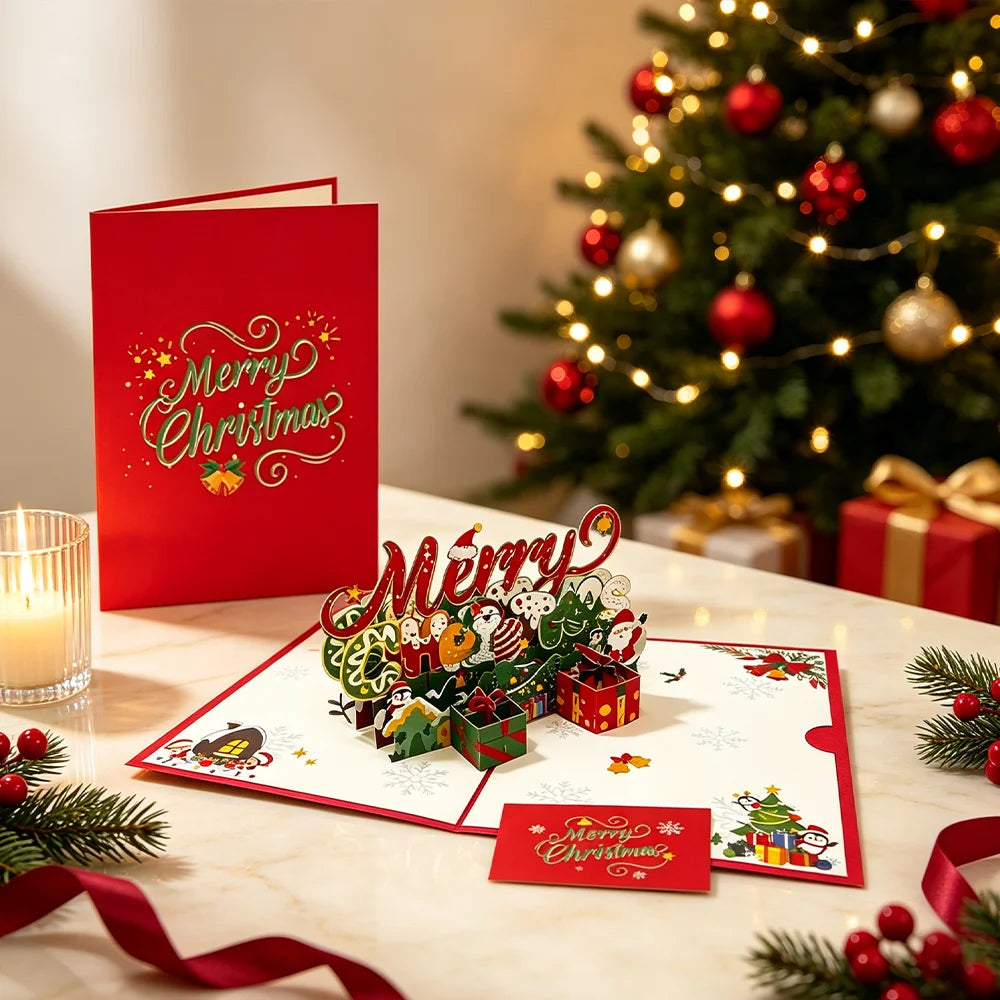 Christmas 3D Pop‑Up Greeting Card,Handmade Festive Xmas Pop‑up Card with Envelope,Merry Christmas Holiday Blessing Card forParty