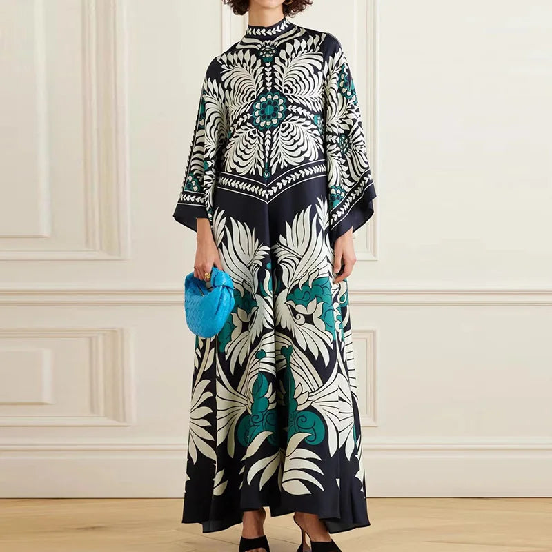 Elegant Stand Collar Printed Dress – High Waist Long Sleeve Casual Party Wear | فستان نسائي أنيق بطبعة وياقة عالية – خصر مرتفع وأكمام طويلة لإطلالة كاجوال أو حفلات