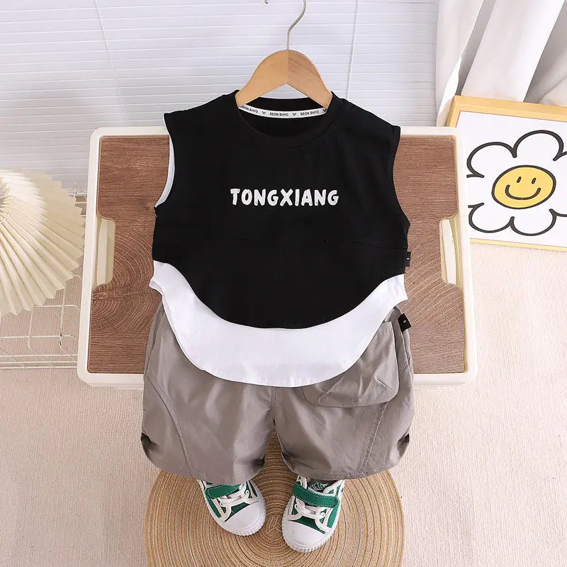 Summer Cartoon Print Baby Boys Girls Cotton Sport Letter Vest Shorts