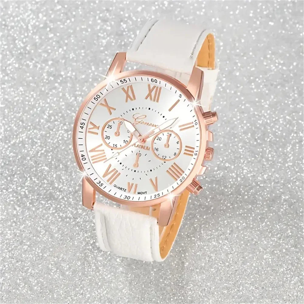 5PCS Women's Watches Fashion Roma Dial Leather Band Quartz Watch(Without Box
