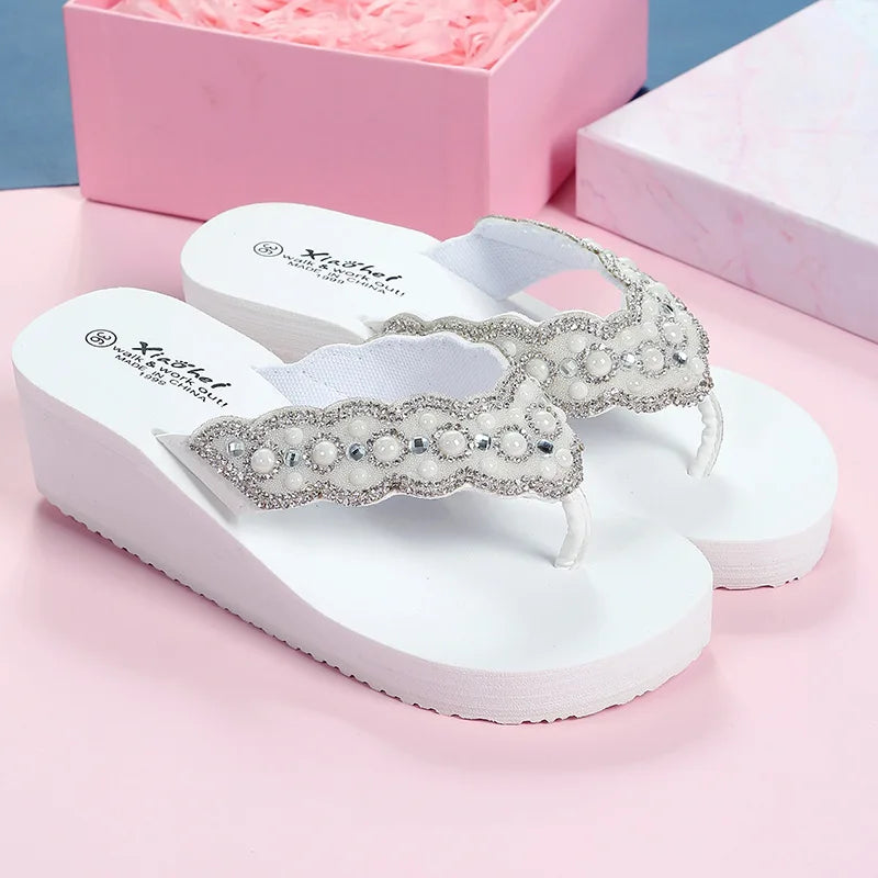 2025 Women Beach Flip Flops Summer Wedges Shoes Bling Rhinestone Soft EVA Girls Home Street Slippers Mid-heel Fashion Sandals