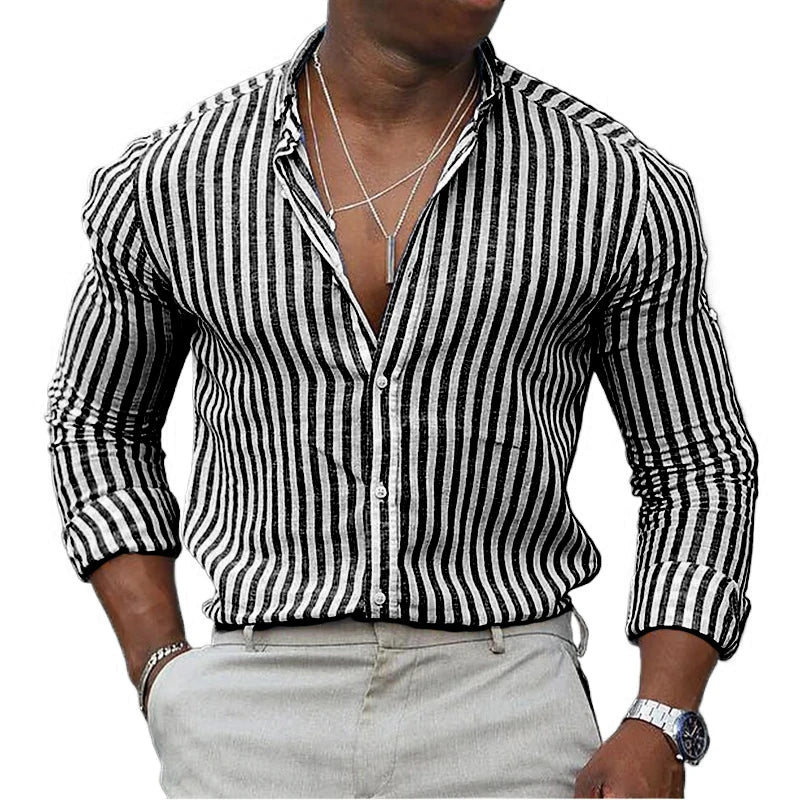 New mens Stripe Shirt Long Sleeve Printing Breathable T Shirts Lapel Basic Shirts for Men Lightweight Hawaiian Shirt Streetwear
