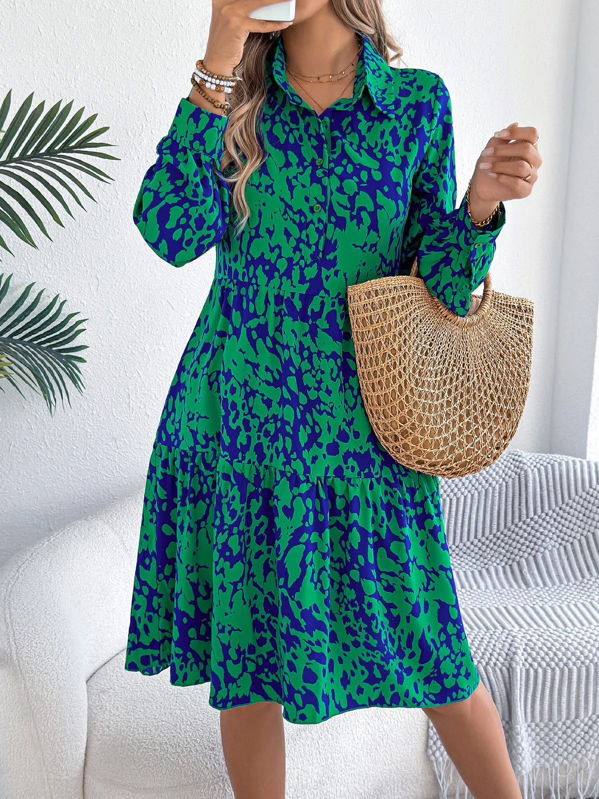 Spring Autumn Casual Vacation Single Breasted Turn Down Collar Long Sleeved Leopard Print Dresses for Women