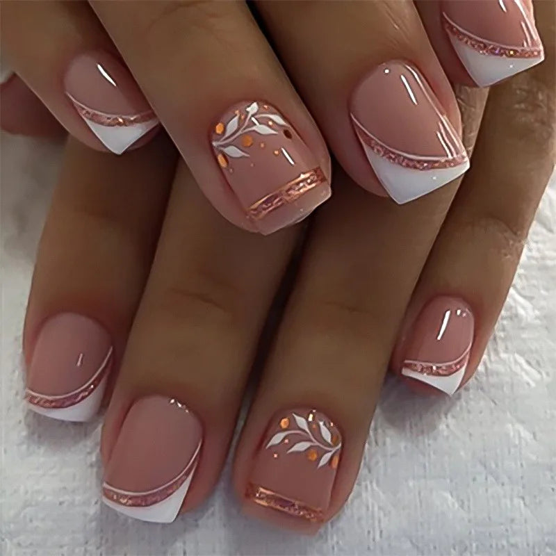24pcs Short Square Press on Nails Jade Flower Sparkling Powder Designs Fake Nails with Glue Green Gradient Full Cover Nail Tips