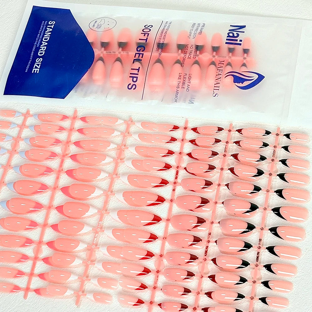 144Pcs White/Black/Red French False Nails for Women Mid-length Almond Press on Nails Acrylic Full Cover Oval Fake Nail Tips