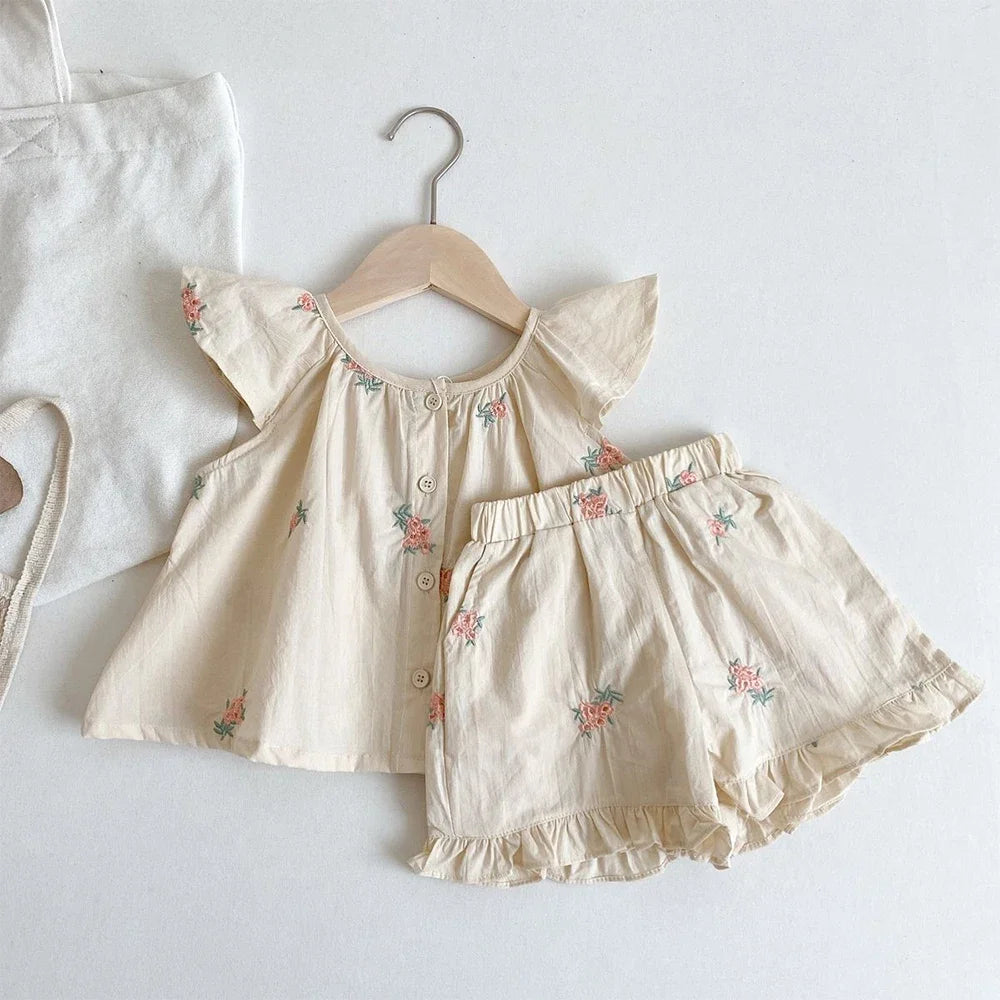 Girls' Summer Fashion Set Children's Flower Print Flying Sleeve Top+Shorts Two Piece Cute Little Girl Refreshing Set