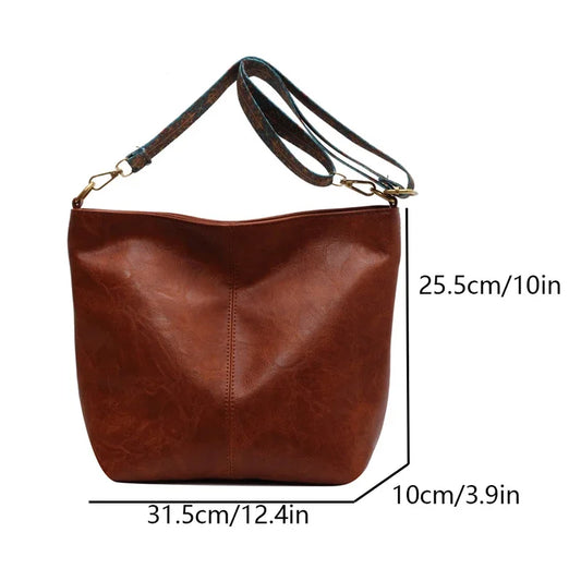 Women's retro large capacity Pu shoulder bag, fashionable crossbody bag, simple casual commuting bucket bag