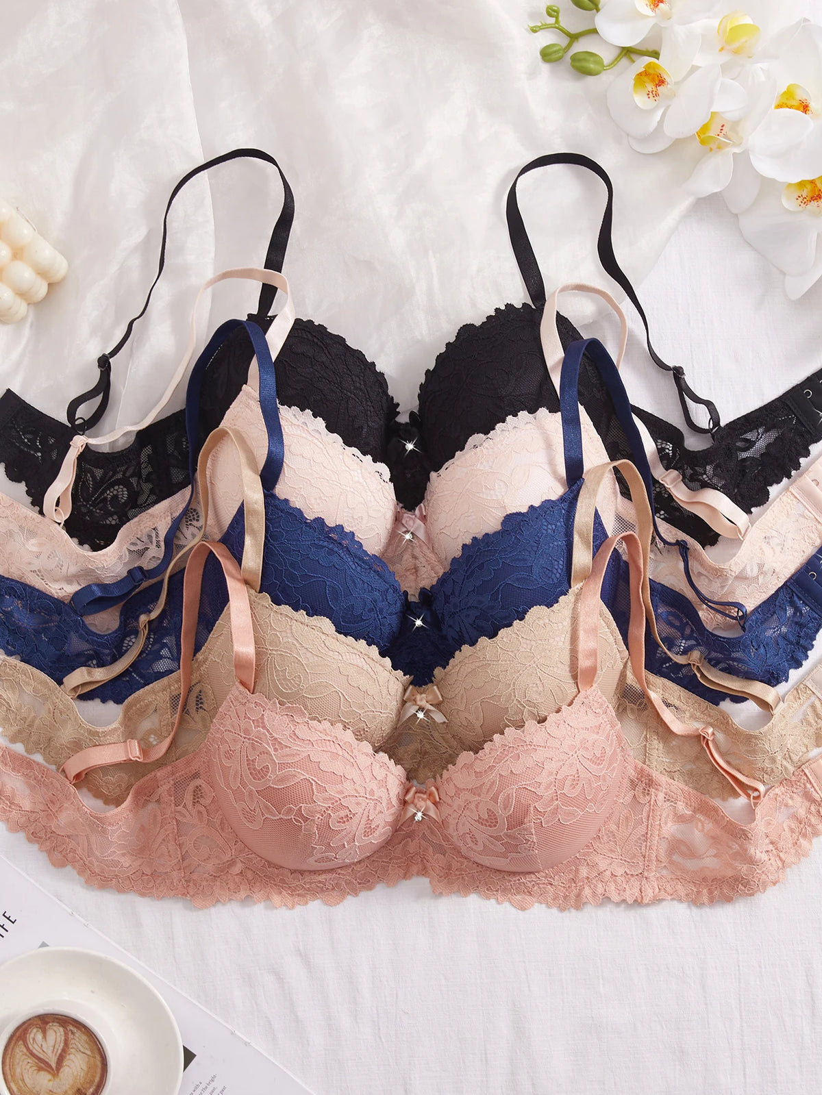 5Pcs/Set Women's Floral Lace Bra Elegant Skin-Friendly Push Up Bra Breathable Comfort Underwire Support Anti-Sagging Lingerie