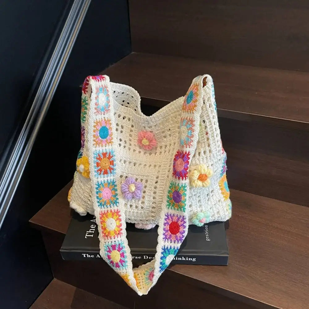 Boho Knitting Shoulder Bag Floral Large Capacity Bohemian Crochet Crossbody Bag Ethnic Style Lazy Style Casual Woven Handbag