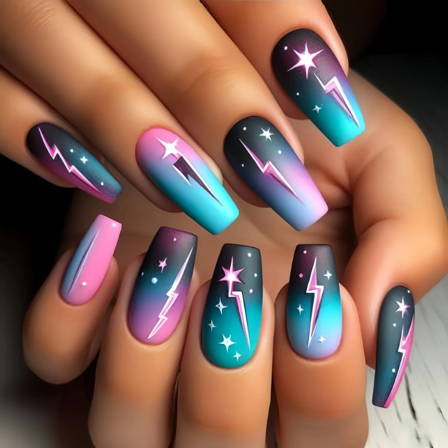 24pcs/set Medium fake nails for women girls gradient green blue cloud star lightning for summer full cover press on false nail