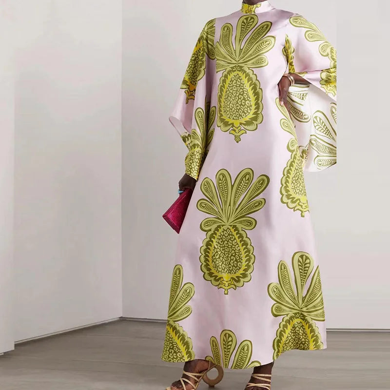 Elegant Stand Collar Printed Dress – High Waist Long Sleeve Casual Party Wear | فستان نسائي أنيق بطبعة وياقة عالية – خصر مرتفع وأكمام طويلة لإطلالة كاجوال أو حفلات