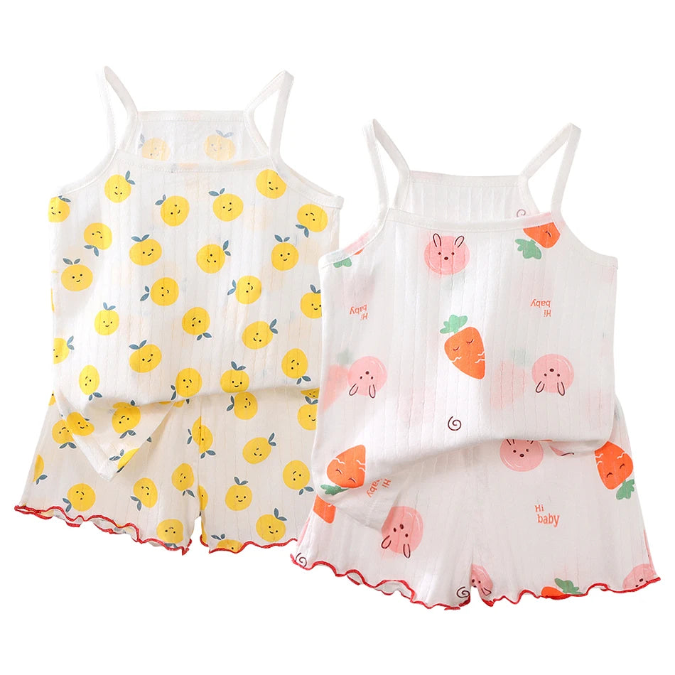 2025 Girl Ruffles Sleepwear Clothing Set Kids Summer Tank Tops Shorts 2 Piece Pajamas