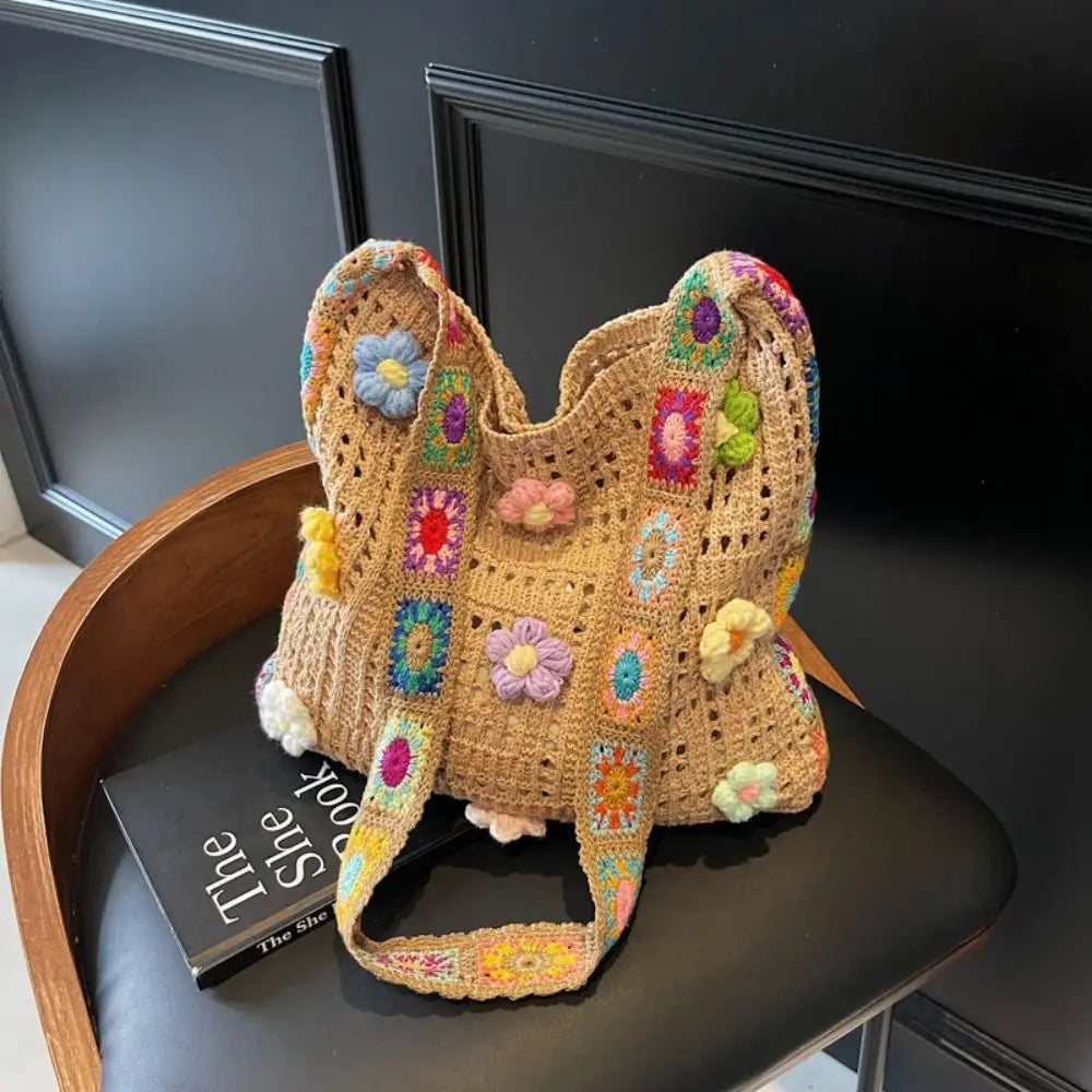 Boho Knitting Shoulder Bag Floral Large Capacity Bohemian Crochet Crossbody Bag Ethnic Style Lazy Style Casual Woven Handbag