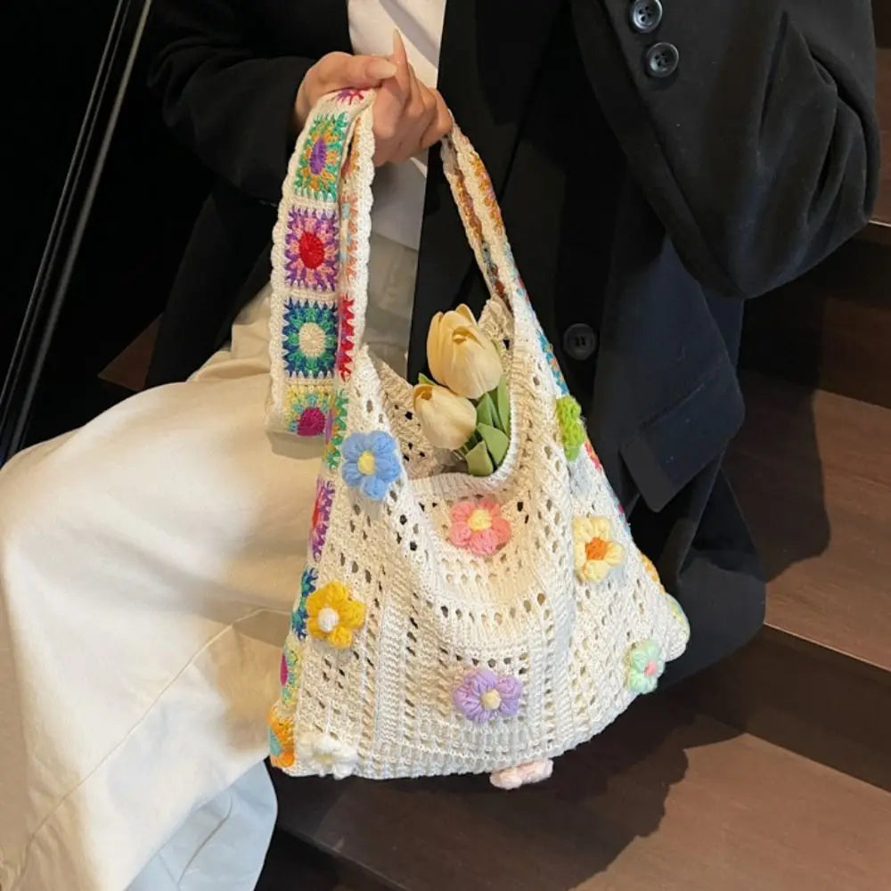 Boho Knitting Shoulder Bag Floral Large Capacity Bohemian Crochet Crossbody Bag Ethnic Style Lazy Style Casual Woven Handbag