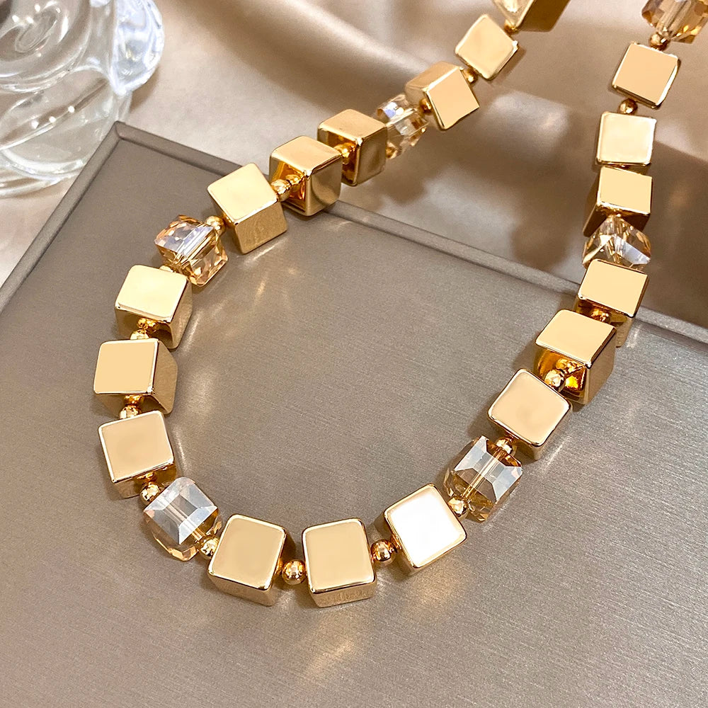 Women's Set Jewelry New Design CCB Gold Color Geometry Cube Square Shape Thick Chain Necklace Bracelet Fashion Jewelry Gift 