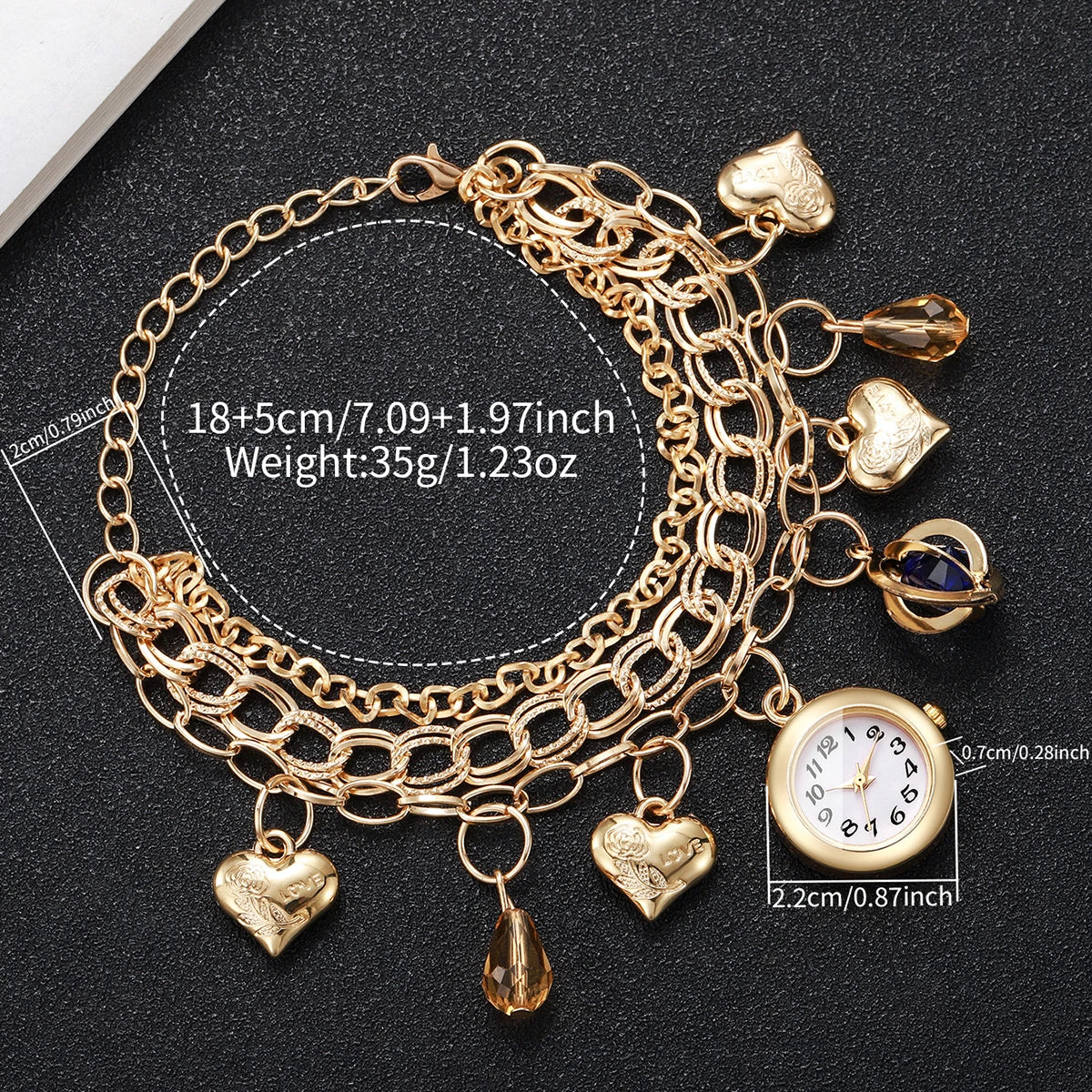 Fashion Women Gold Multi‑Layer Bracelet Watch Love Heart Blue Crystal Charm Quartz Wristwatch Relogio Feminino(Without Box)