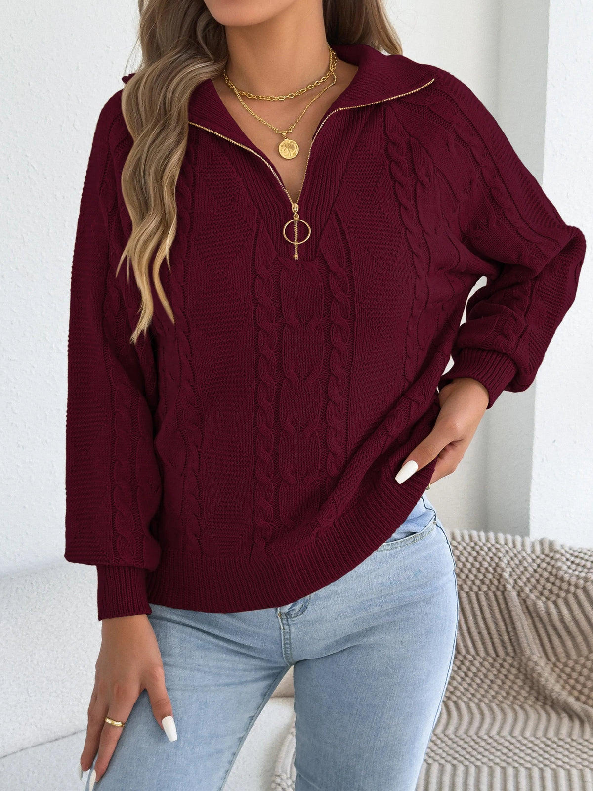 Women's Casual Turn Down Collar Half Zipper Sweaters 2026 Autumn Winter Lantern Long Sleeve Twist Knitted Tops Orange Khaki Red