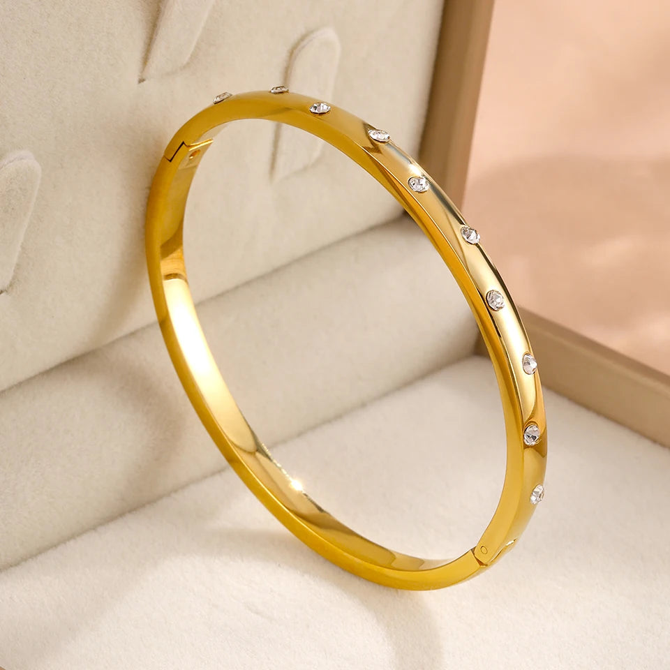 ZAKOL 5pcs Gold Color Stainless Steel Stack Bracelets Shiny Zircon Waterproof Stackable Bracelet Fashion Jewelry for Women