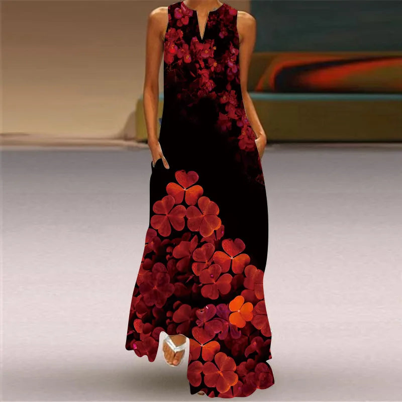 Summer Retro V-Neck Sleeveless Maxi Dress – Loose Artistic Print