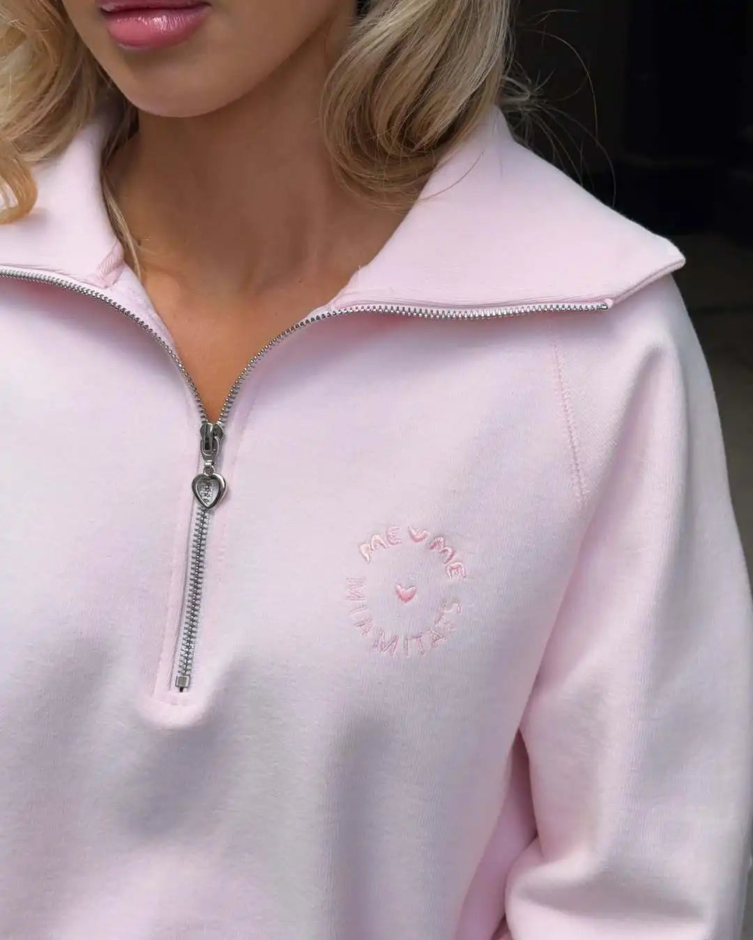 Women's Fashion Pink Pullovers Casual Long Sleeve Loose Half Zip Letter Embroidery Top Autumn Winter Vintage Female Streetwear