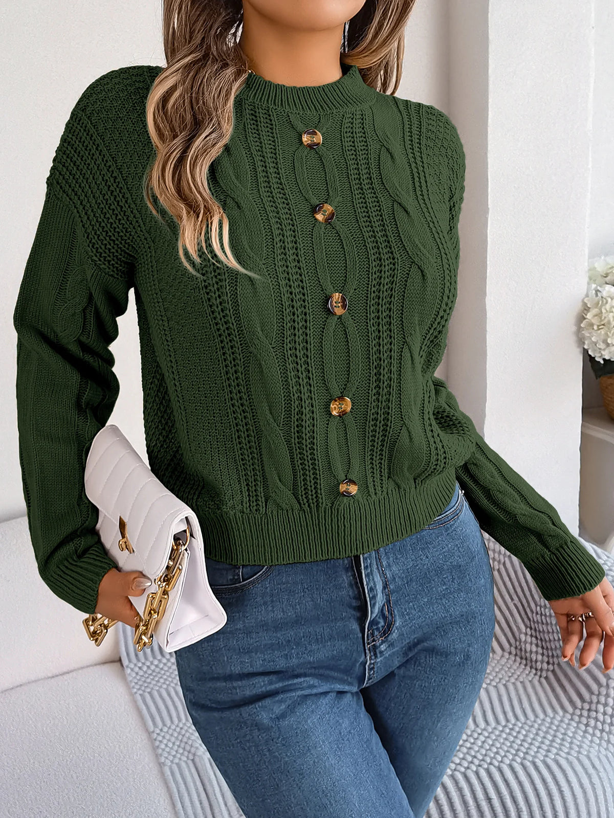 Women's Solid Color Round Neck Buttons Knitted Sweater 2026 Autumn Winter Casual Long Sleeve Pullover White Grey Green Woman Top
