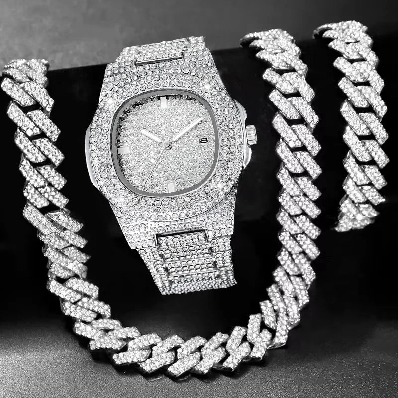 3PCS Iced Out Full Diamond Men Watch Cuban Chain Necklace Bracelet Set Hip Hop Quartz Wristwatch Accessories Relogio Masculino