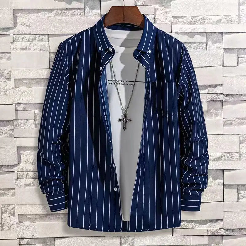 Mens Dress Shirts Striped Long Sleeve Plaid Checked Shirt Smart Casual Business Non-Ironing Korean Slim Fit Formal Blue White