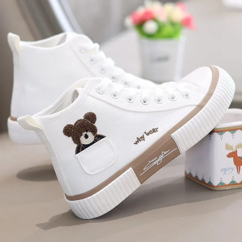 Cute Women’s Canvas Sneakers – Breathable High-Top Vulcanized Flats | حذاء نسائي قماشي كاجوال – سنيكرز عالية مريحة وبتصميم فلكنايزد